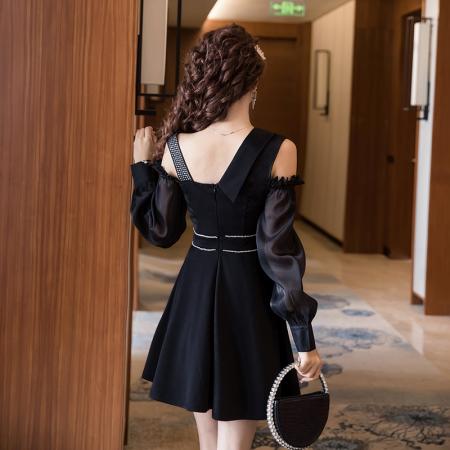 FA41172# 秋季新款复古重工法式收腰显瘦赫本风小黑裙 服裝批發女裝批發服飾貨源