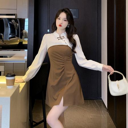 FA41174# 秋新款法式长袖罩衫收腰显瘦吊带连衣裙两件套女 服裝批發女裝批發服飾貨源