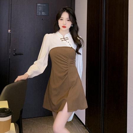FA41174# 秋新款法式长袖罩衫收腰显瘦吊带连衣裙两件套女 服裝批發女裝批發服飾貨源