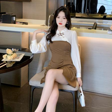 FA41174# 秋新款法式长袖罩衫收腰显瘦吊带连衣裙两件套女 服裝批發女裝批發服飾貨源