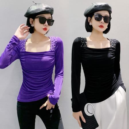 FA41178# 秋装新款修身时尚冰丝褶皱方领钉珠长袖T恤女潮打底衫 服裝批發女裝批發服飾貨源
