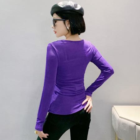 FA41178# 秋装新款修身时尚冰丝褶皱方领钉珠长袖T恤女潮打底衫 服裝批發女裝批發服飾貨源