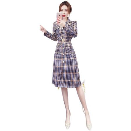 FA41184# 秋冬时尚女神范网红鹿皮绒格子中长款外套包臀连衣裙 服裝批發女裝批發服飾貨源