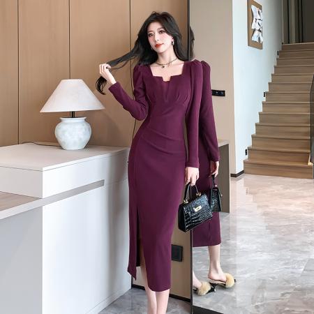 FA41188# 视频秋冬新款女方领长袖开叉打底连衣裙褶皱收腰显瘦长裙 服裝批發女裝批發服飾貨源