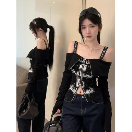 FA41193# 辣妹露肩设计感上衣秋季新款长袖一字肩拉链印花短款t恤 服裝批發女裝批發服飾貨源