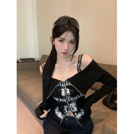 FA41193# 辣妹露肩设计感上衣秋季新款长袖一字肩拉链印花短款t恤 服裝批發女裝批發服飾貨源