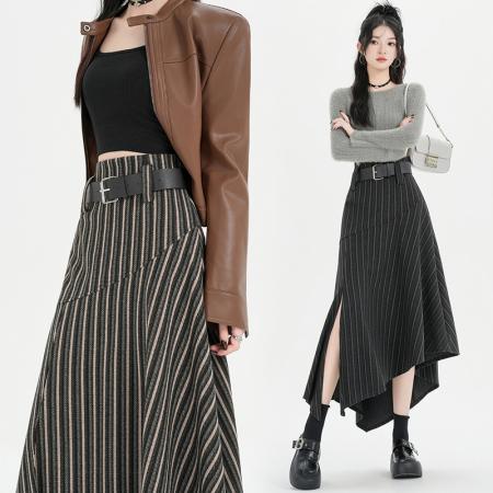 FA41198# 秋冬季新款韩版chic复古时尚减龄不规则条纹高腰A字中长裙女 服裝批發女裝批發服飾貨源