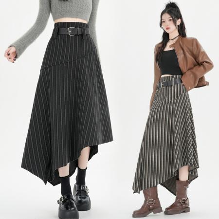 FA41198# 秋冬季新款韩版chic复古时尚减龄不规则条纹高腰A字中长裙女 服裝批發女裝批發服飾貨源