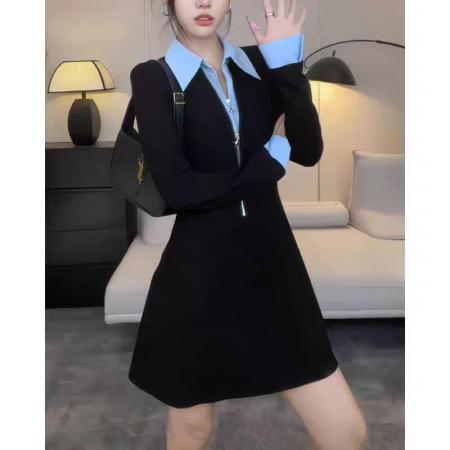 FA41199# 辣妹假两件翻领长袖连衣裙春新款气质设计收腰显瘦A字小黑裙 服裝批發女裝批發服飾貨源