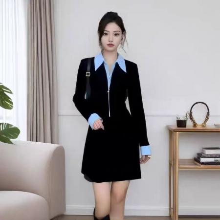 FA41199# 辣妹假两件翻领长袖连衣裙春新款气质设计收腰显瘦A字小黑裙 服裝批發女裝批發服飾貨源