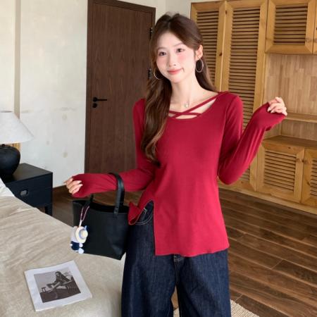 FA41201# 法式气质u领黑色长袖女早秋季大码胖mm开叉打底衫内搭上衣女 服裝批發女裝批發服飾貨源