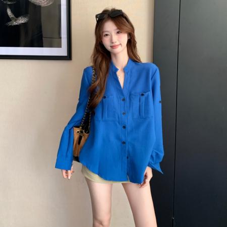 FA41202# 蓝色V领长袖正肩衬衫女秋季大码胖mm高级感气质独特上衣 服裝批發女裝批發服飾貨源
