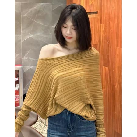 FA41231# 韩系慵懒斜肩不规则垂感针织上衣女早秋新款小众设计宽松显瘦上衣 服裝批發女裝批發服飾貨源