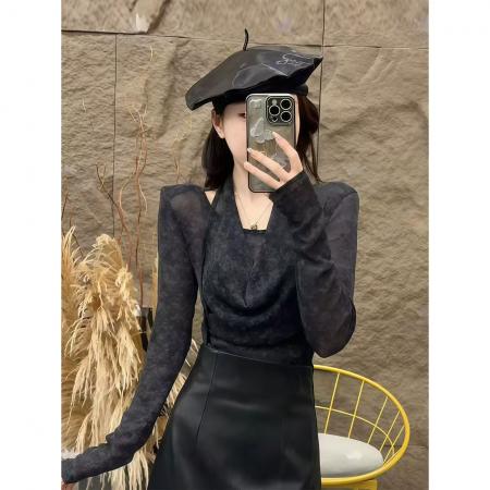FA41233# 今年流行爆款挂脖堆堆领拼接长袖T恤女秋季新款洋气套头上衣 服裝批發女裝批發服飾貨源