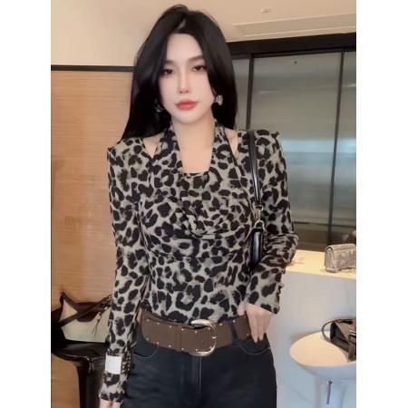 FA41234# 美式辣妹挂脖豹纹长袖T恤女秋季新款修身显瘦内搭打底衫上衣 服裝批發女裝批發服飾貨源