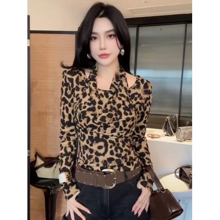 FA41234# 美式辣妹挂脖豹纹长袖T恤女秋季新款修身显瘦内搭打底衫上衣 服裝批發女裝批發服飾貨源
