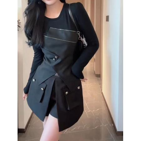 FA41235# 欧货高级感拼接气质长袖T恤衫女秋季新款修身显瘦洋气上衣潮 服裝批發女裝批發服飾貨源