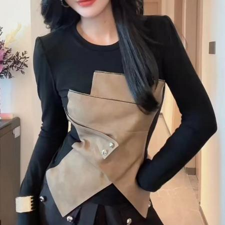 FA41235# 欧货高级感拼接气质长袖T恤衫女秋季新款修身显瘦洋气上衣潮 服裝批發女裝批發服飾貨源