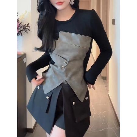 FA41235# 欧货高级感拼接气质长袖T恤衫女秋季新款修身显瘦洋气上衣潮 服裝批發女裝批發服飾貨源