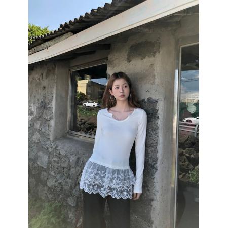 FA41252# 红人馆长袖打底衫女早秋新款白色蕾丝t恤修身韩系漂亮小上衣 服裝批發女裝批發服飾貨源