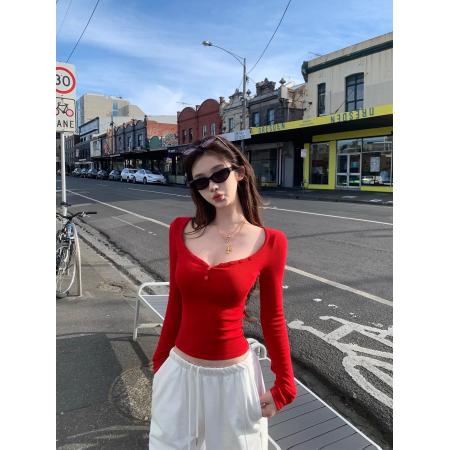 FA41255# 嫩妹天菜囤桃心领修身t恤女秋冬磨毛长袖上衣 服裝批發女裝批發服飾貨源