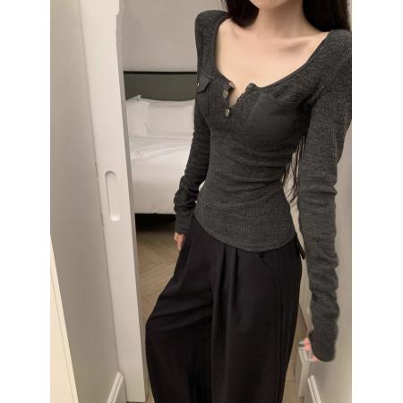 FA41258# 设计感拼接口袋长袖T恤修身正肩显瘦打底针织衫 服裝批發女裝批發服飾貨源