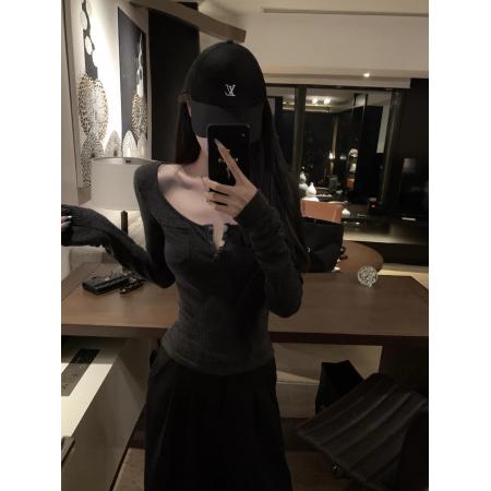 FA41258# 设计感拼接口袋长袖T恤修身正肩显瘦打底针织衫 服裝批發女裝批發服飾貨源