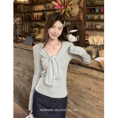 FA41259# 条纹蕾丝拼接蝴蝶结长袖T恤女秋季修身打底内搭上衣 服裝批發女裝批發服飾貨源