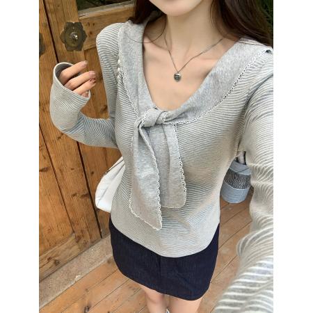 FA41259# 条纹蕾丝拼接蝴蝶结长袖T恤女秋季修身打底内搭上衣 服裝批發女裝批發服飾貨源