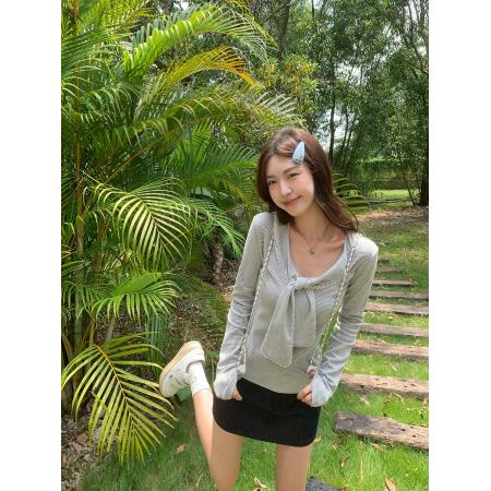FA41259# 条纹蕾丝拼接蝴蝶结长袖T恤女秋季修身打底内搭上衣 服裝批發女裝批發服飾貨源