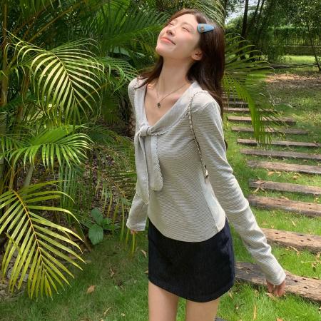 FA41259# 条纹蕾丝拼接蝴蝶结长袖T恤女秋季修身打底内搭上衣 服裝批發女裝批發服飾貨源