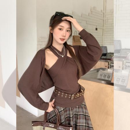 FA41261# 交叉挂脖露肩内搭针织背心女长袖短款开衫收腰上衣两件套 服裝批發女裝批發服飾貨源