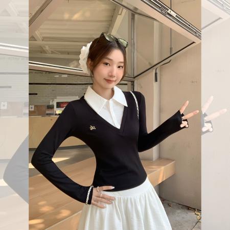FA41262# 韩系拼接假两件长袖t恤女秋新款修身显瘦打底衫上衣 服裝批發女裝批發服飾貨源