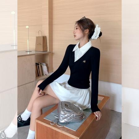 FA41262# 韩系拼接假两件长袖t恤女秋新款修身显瘦打底衫上衣 服裝批發女裝批發服飾貨源