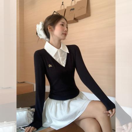 FA41262# 韩系拼接假两件长袖t恤女秋新款修身显瘦打底衫上衣 服裝批發女裝批發服飾貨源