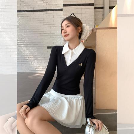 FA41262# 韩系拼接假两件长袖t恤女秋新款修身显瘦打底衫上衣 服裝批發女裝批發服飾貨源