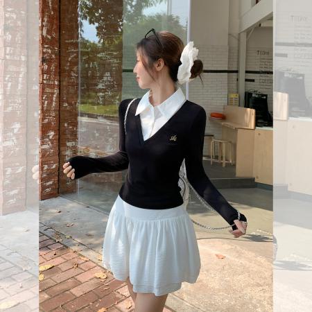 FA41262# 韩系拼接假两件长袖t恤女秋新款修身显瘦打底衫上衣 服裝批發女裝批發服飾貨源