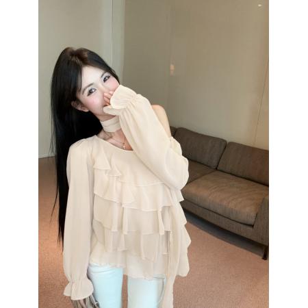 FA41272# 纯欲露肩雪纺蛋糕小衫上衣配飘带 服裝批發女裝批發服飾貨源
