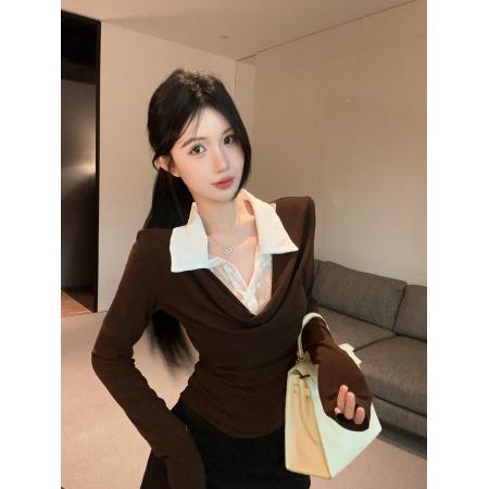 FA41274# 纯欲撞色蕾丝翻领长袖假两件显瘦打底外穿上衣 服裝批發女裝批發服飾貨源