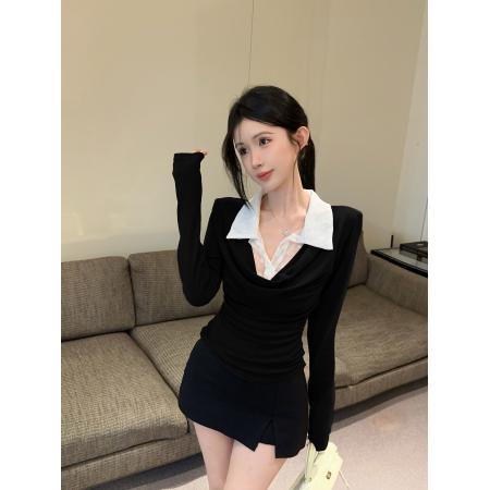 FA41274# 纯欲撞色蕾丝翻领长袖假两件显瘦打底外穿上衣 服裝批發女裝批發服飾貨源