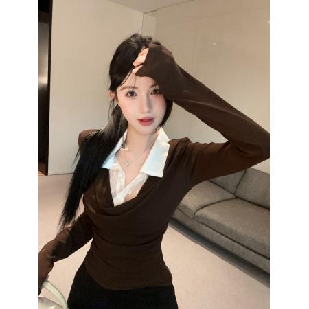 FA41274# 纯欲撞色蕾丝翻领长袖假两件显瘦打底外穿上衣 服裝批發女裝批發服飾貨源