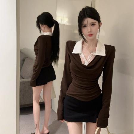 FA41274# 纯欲撞色蕾丝翻领长袖假两件显瘦打底外穿上衣 服裝批發女裝批發服飾貨源