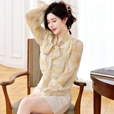 FA41278# 印花雪纺衫女秋装新款气质飘带衬衫时尚高级打底上衣 服裝批發女裝批發服飾貨源