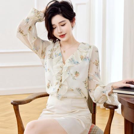 FA41279# 法式V领花料雪纺衫秋装新款女H型休闲简约印花上衣 服裝批發女裝批發服飾貨源