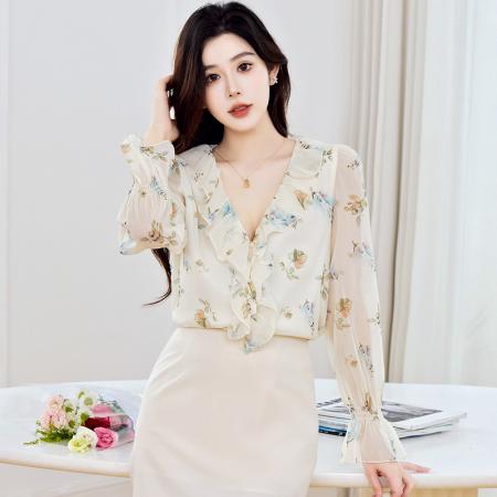 FA41279# 法式V领花料雪纺衫秋装新款女H型休闲简约印花上衣 服裝批發女裝批發服飾貨源