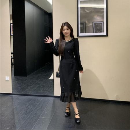 FA41283# 大码法式重工设计感连衣裙女秋季新款收腰显瘦鱼尾裙 服裝批發女裝批發服飾貨源