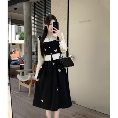 FA41285# 大码休闲通勤韩系假两件连衣裙胖mm蝴蝶花裙 服裝批發女裝批發服飾貨源