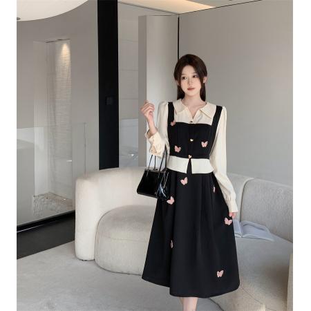 FA41285# 大码休闲通勤韩系假两件连衣裙胖mm蝴蝶花裙 服裝批發女裝批發服飾貨源