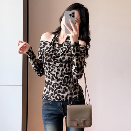 FA41286# 美式辣妹挂脖豹纹长袖T恤女秋新款修身扎染修身打底衫潮 服裝批發女裝批發服飾貨源