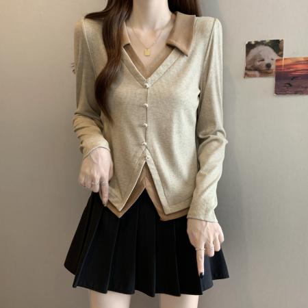 FA41287# 新款大码女装设计感假两件显瘦百搭V领别致上衣 服裝批發女裝批發服飾貨源